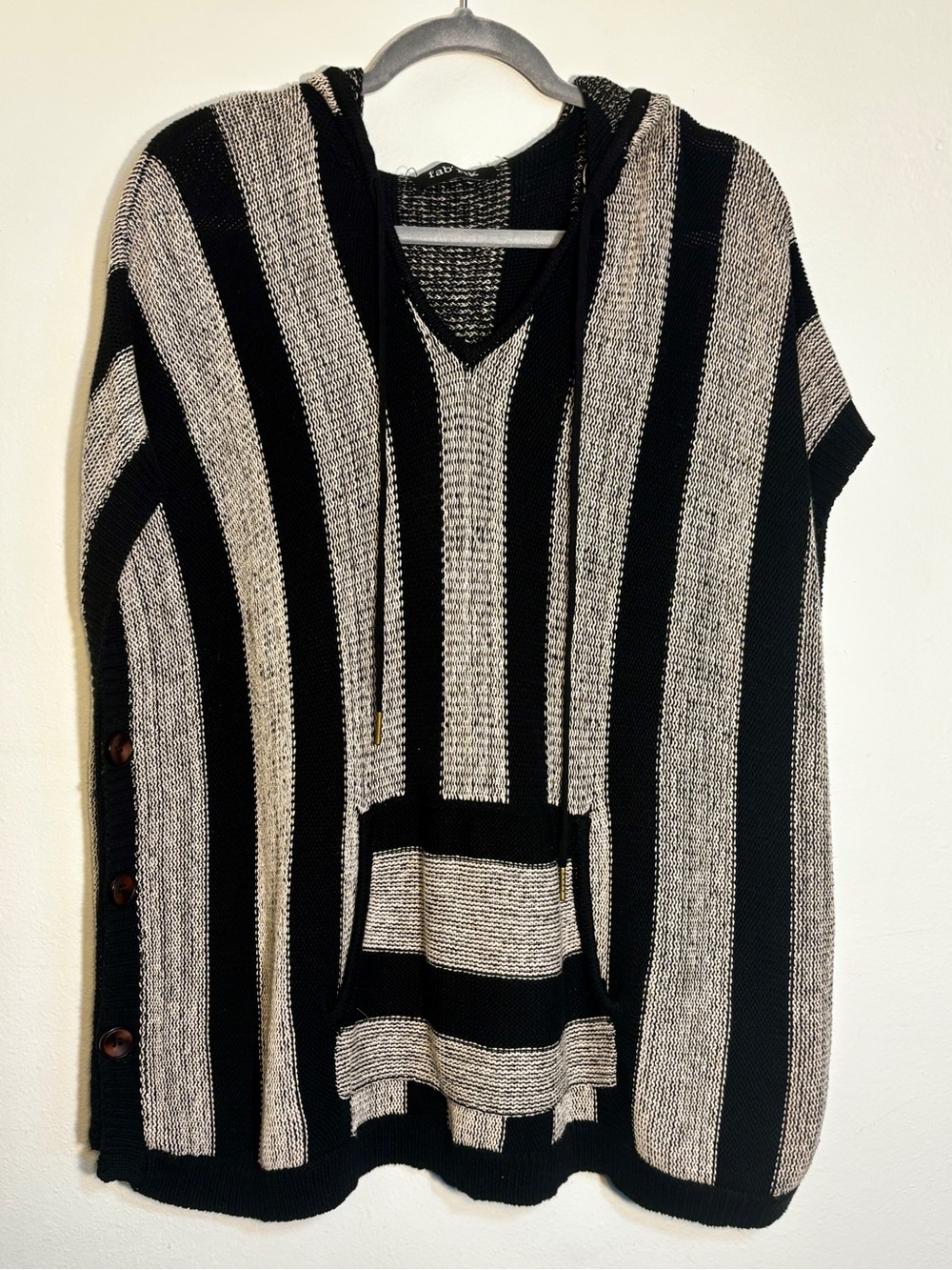 fab'rik Black and Cream Striped Hooded Poncho Sweater